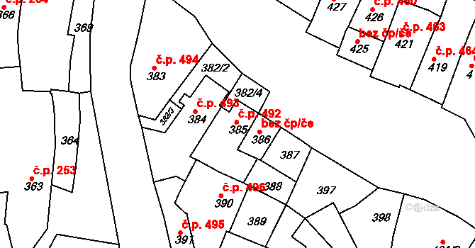 Jemnice 492 na parcele st. 385 v KÚ Jemnice, Katastrální mapa