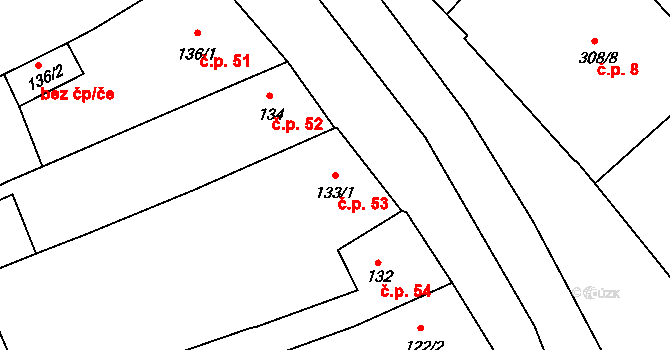 Bystřice nad Pernštejnem 53 na parcele st. 133/1 v KÚ Bystřice nad Pernštejnem, Katastrální mapa