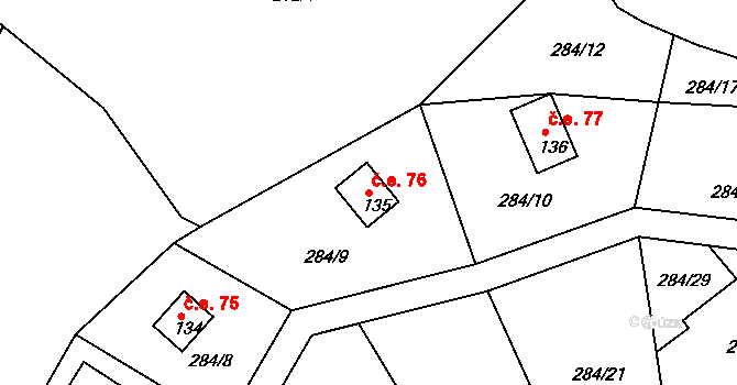 Drhleny 76, Kněžmost na parcele st. 135 v KÚ Suhrovice, Katastrální mapa