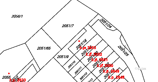 Předměstí 2653, Opava na parcele st. 2051/18 v KÚ Opava-Předměstí, Katastrální mapa