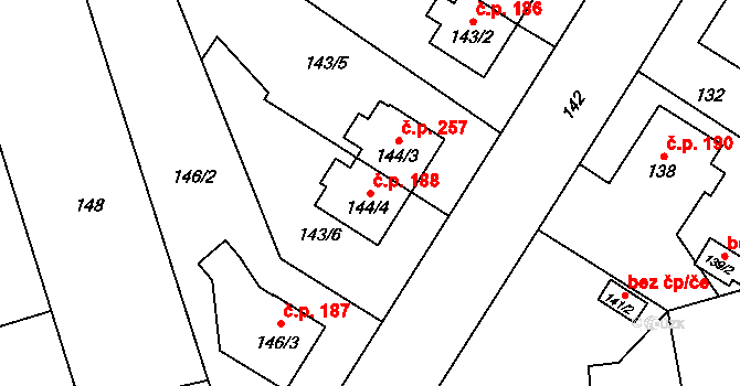 Chlebičov 188 na parcele st. 144/4 v KÚ Chlebičov, Katastrální mapa