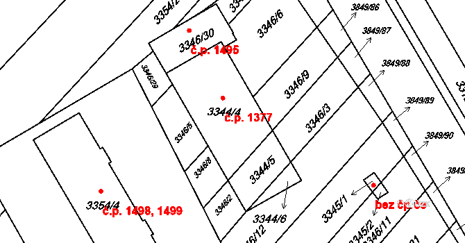 Kunovice 1377 na parcele st. 3344/4 v KÚ Kunovice u Uherského Hradiště, Katastrální mapa