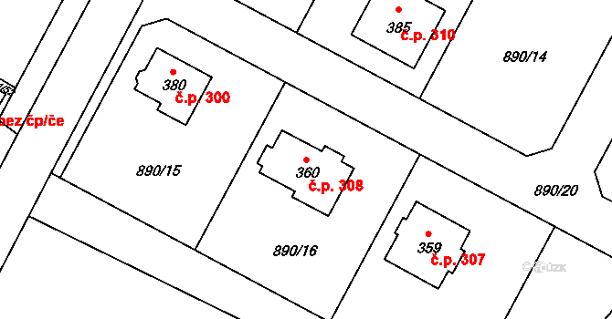 Krakovany 308 na parcele st. 360 v KÚ Krakovany, Katastrální mapa