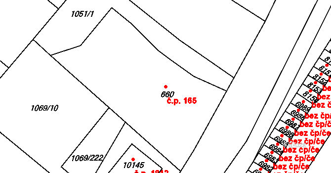 Bílé Předměstí 165, Pardubice na parcele st. 660 v KÚ Pardubice, Katastrální mapa