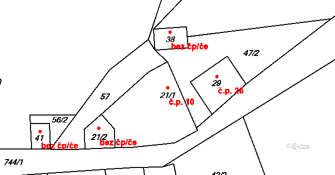 Radhostice 10 na parcele st. 21/1 v KÚ Radhostice, Katastrální mapa