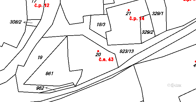 Srdov 43, Liběšice na parcele st. 20 v KÚ Srdov, Katastrální mapa