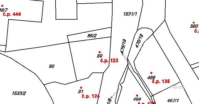 Sedlnice 123 na parcele st. 89 v KÚ Sedlnice, Katastrální mapa