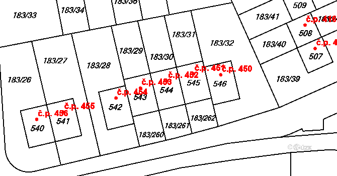 Postřižín 452 na parcele st. 544 v KÚ Postřižín, Katastrální mapa