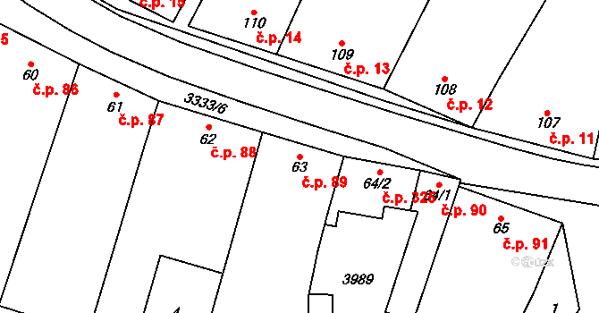 Uherčice 89 na parcele st. 63 v KÚ Uherčice u Hustopečí, Katastrální mapa