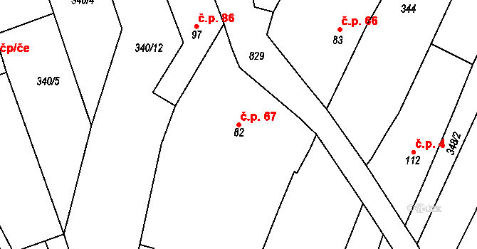 Honětice 67 na parcele st. 82 v KÚ Honětice, Katastrální mapa