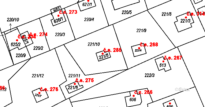 Bítov 285 na parcele st. 221/5 v KÚ Bítov, Katastrální mapa