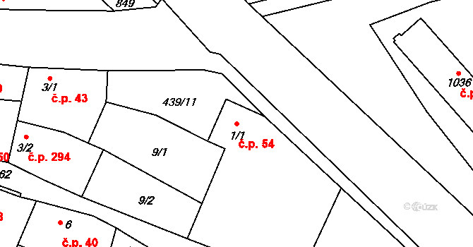Horoměřice 54 na parcele st. 1/1 v KÚ Horoměřice, Katastrální mapa