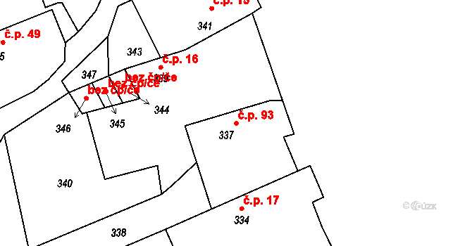 Trhové Dušníky 93 na parcele st. 337 v KÚ Trhové Dušníky, Katastrální mapa