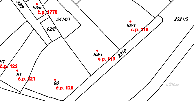 Tišnov 119 na parcele st. 89/1 v KÚ Tišnov, Katastrální mapa