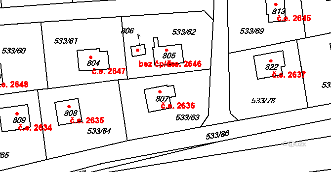 Těptín 2636, Kamenice na parcele st. 807 v KÚ Těptín, Katastrální mapa