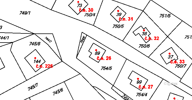 Voltýřov 26, Klučenice na parcele st. 89 v KÚ Podskalí, Katastrální mapa