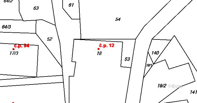 Lovečkovice 12 na parcele st. 18 v KÚ Lovečkovice, Katastrální mapa