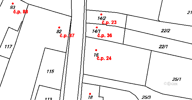 Miletín 24 na parcele st. 16 v KÚ Miletín, Katastrální mapa