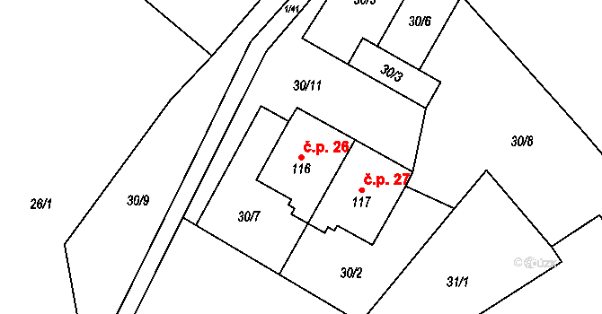 Roseč 26 na parcele st. 116 v KÚ Roseč, Katastrální mapa