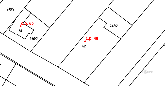 Zárubice 48 na parcele st. 62 v KÚ Zárubice, Katastrální mapa