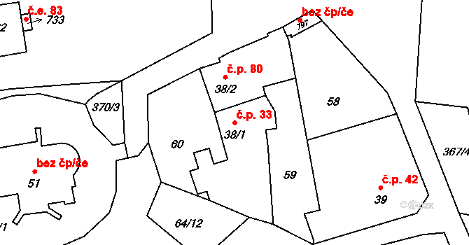 Černčice 33 na parcele st. 38/1 v KÚ Černčice u Loun, Katastrální mapa