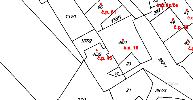 Rozvadovice 45, Litovel na parcele st. 45/2 v KÚ Rozvadovice, Katastrální mapa