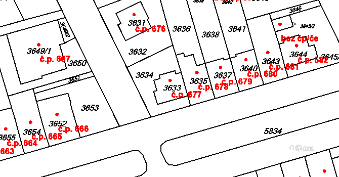 Záběhlice 677, Praha na parcele st. 3633 v KÚ Záběhlice, Katastrální mapa