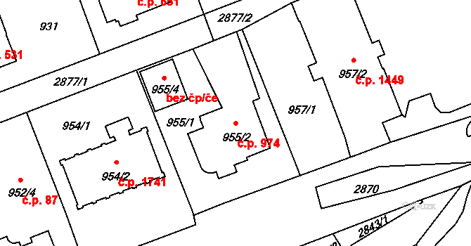 Braník 974, Praha na parcele st. 955/2 v KÚ Braník, Katastrální mapa