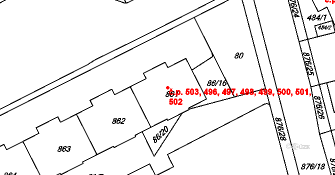 Střížkov 496,497,498,499,500,, Praha na parcele st. 861 v KÚ Střížkov, Katastrální mapa