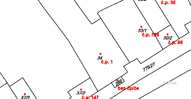 Podluhy 1 na parcele st. 34 v KÚ Podluhy, Katastrální mapa