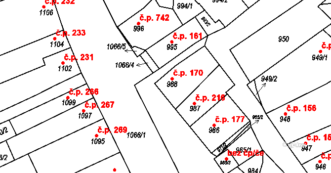 Blučina 170 na parcele st. 988 v KÚ Blučina, Katastrální mapa
