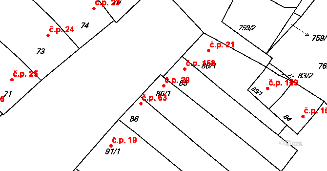 Přísnotice 20 na parcele st. 86/1 v KÚ Přísnotice, Katastrální mapa