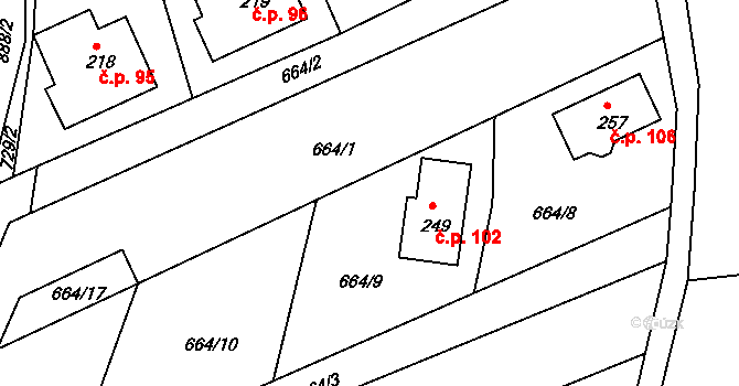 Těpeře 102, Železný Brod na parcele st. 249 v KÚ Chlístov u Železného Brodu, Katastrální mapa