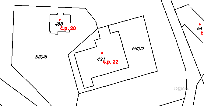 Kytlice 22 na parcele st. 431 v KÚ Falknov, Katastrální mapa