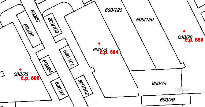 Letňany 684, Praha na parcele st. 600/74 v KÚ Letňany, Katastrální mapa