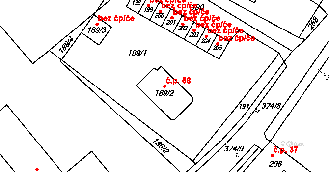 Velké Chvojno 58 na parcele st. 189/2 v KÚ Velké Chvojno, Katastrální mapa