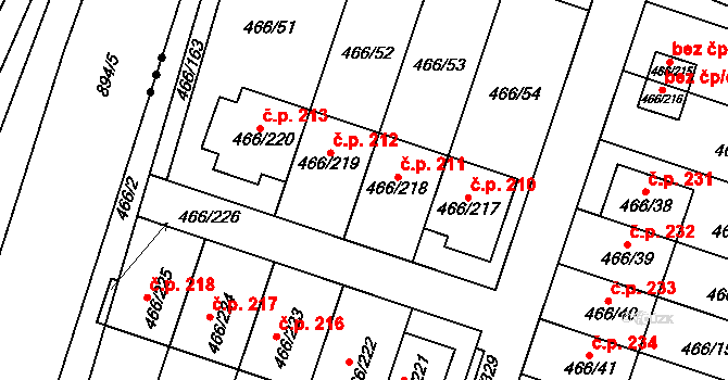 Rebešovice 211 na parcele st. 466/218 v KÚ Rebešovice, Katastrální mapa
