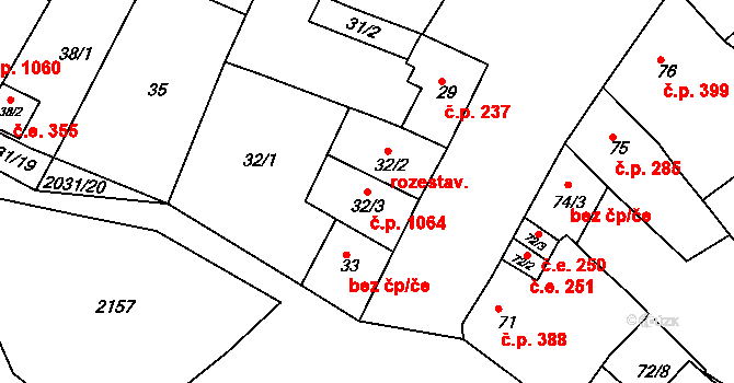 Modřice 1064 na parcele st. 32/3 v KÚ Modřice, Katastrální mapa