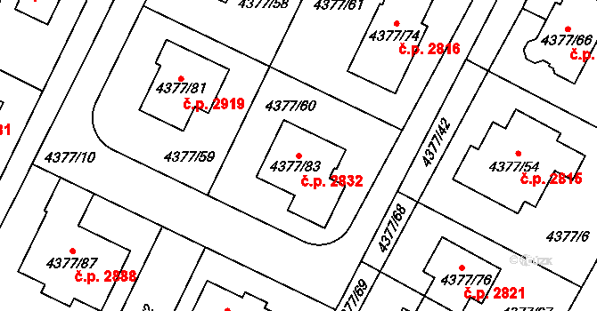 Horní Počernice 2832, Praha na parcele st. 4377/83 v KÚ Horní Počernice, Katastrální mapa