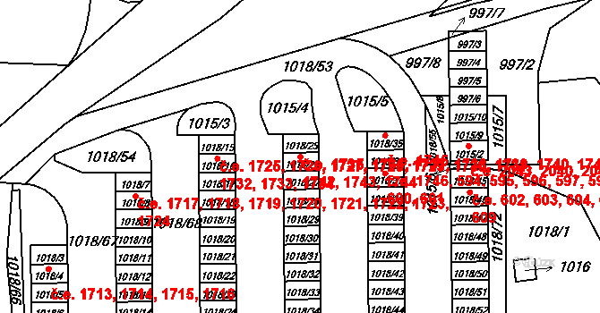 Lesná 1735,1736,1737,1738,, Brno na parcele st. 1018/25 v KÚ Lesná, Katastrální mapa