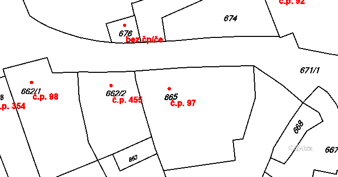 Bošovice 97 na parcele st. 665 v KÚ Bošovice, Katastrální mapa