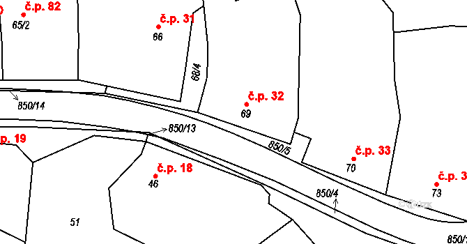 Tučapy 32 na parcele st. 69 v KÚ Tučapy, Katastrální mapa