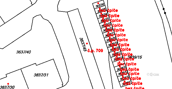 Božkov 709, Plzeň na parcele st. 3637/45 v KÚ Plzeň, Katastrální mapa