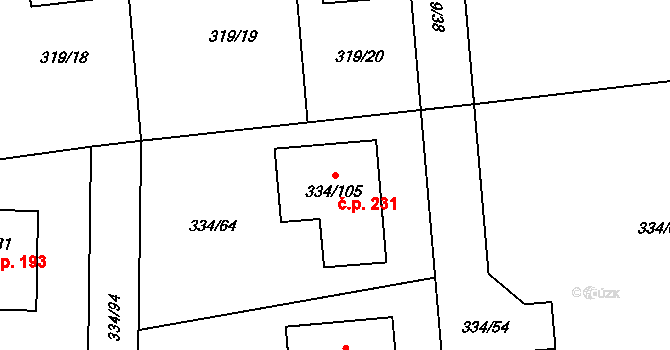 Malesice 231, Plzeň na parcele st. 334/105 v KÚ Malesice, Katastrální mapa