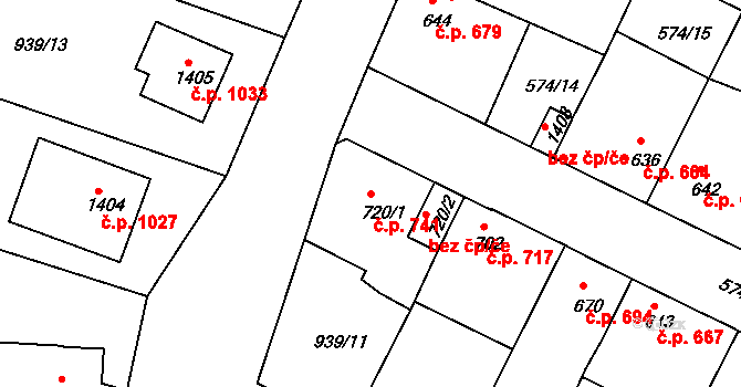 Milevsko 741 na parcele st. 720/1 v KÚ Milevsko, Katastrální mapa