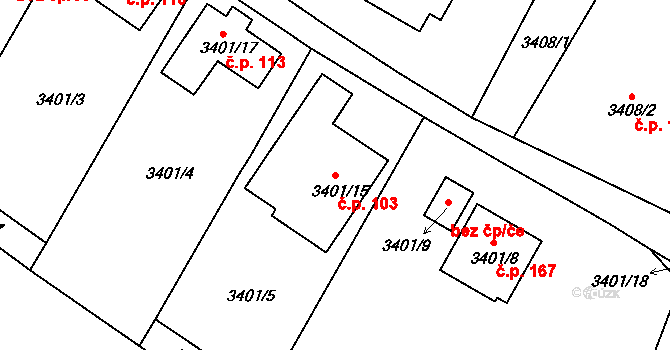 Choceňské Předměstí 103, Vysoké Mýto na parcele st. 3401/15 v KÚ Vysoké Mýto, Katastrální mapa