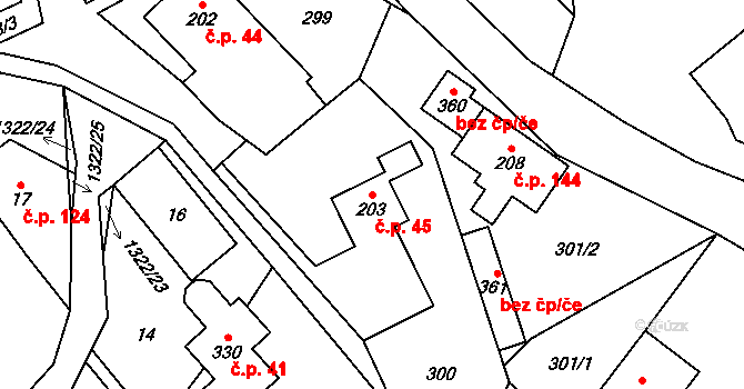 Hrabenov 45, Ruda nad Moravou na parcele st. 203 v KÚ Hrabenov, Katastrální mapa