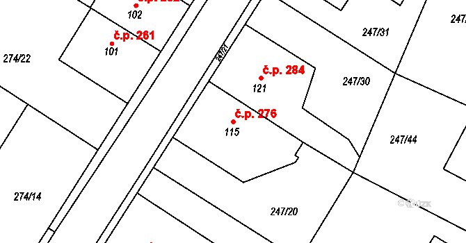 Tuchoměřice 276 na parcele st. 115 v KÚ Kněžívka, Katastrální mapa