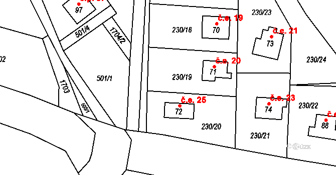 Mezholezy 25 na parcele st. 72 v KÚ Mezholezy u Horšovského Týna, Katastrální mapa