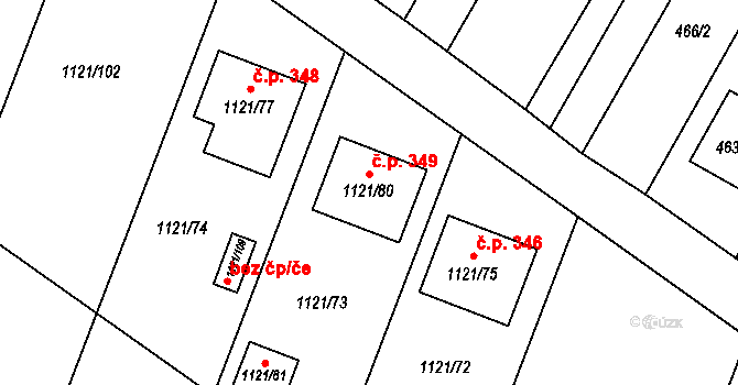 Perná 349 na parcele st. 1121/80 v KÚ Perná, Katastrální mapa